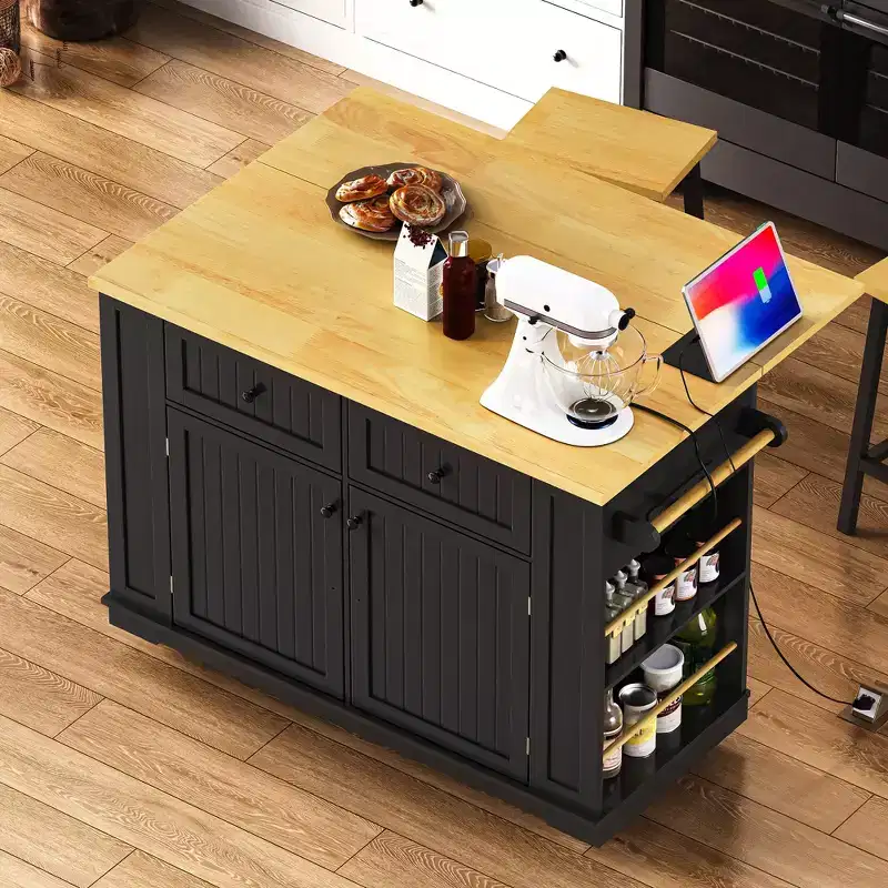 Kitchen Island with Storage,Rolling Kitchen Storage Carts with Drop Leaf,Power Outlet,Racks,Drawers and Locking Wheels Room White