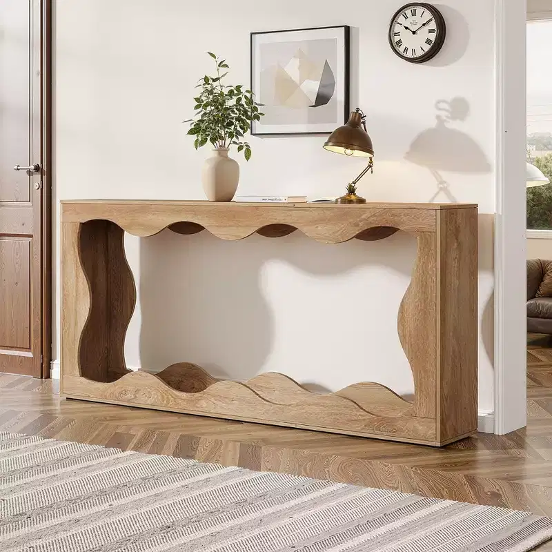 MAYEERTY 63 Wavy Scalloped 2-Tier Console Table, Retro Farmhouse Entryway Table with Natural Wood Grain