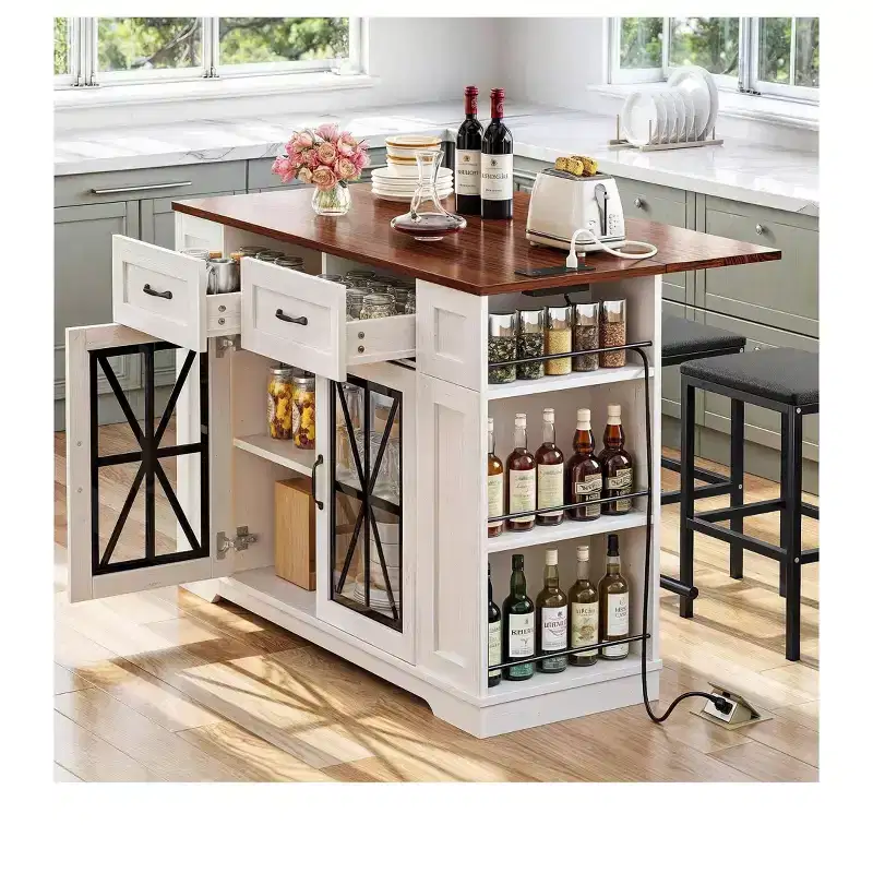 Kitchen Island With Drop Leaf 2 Bar Stools 47 Inch Portable Islands Table With Power Outlets Storage And Seating For Kitchen Cart, Brown