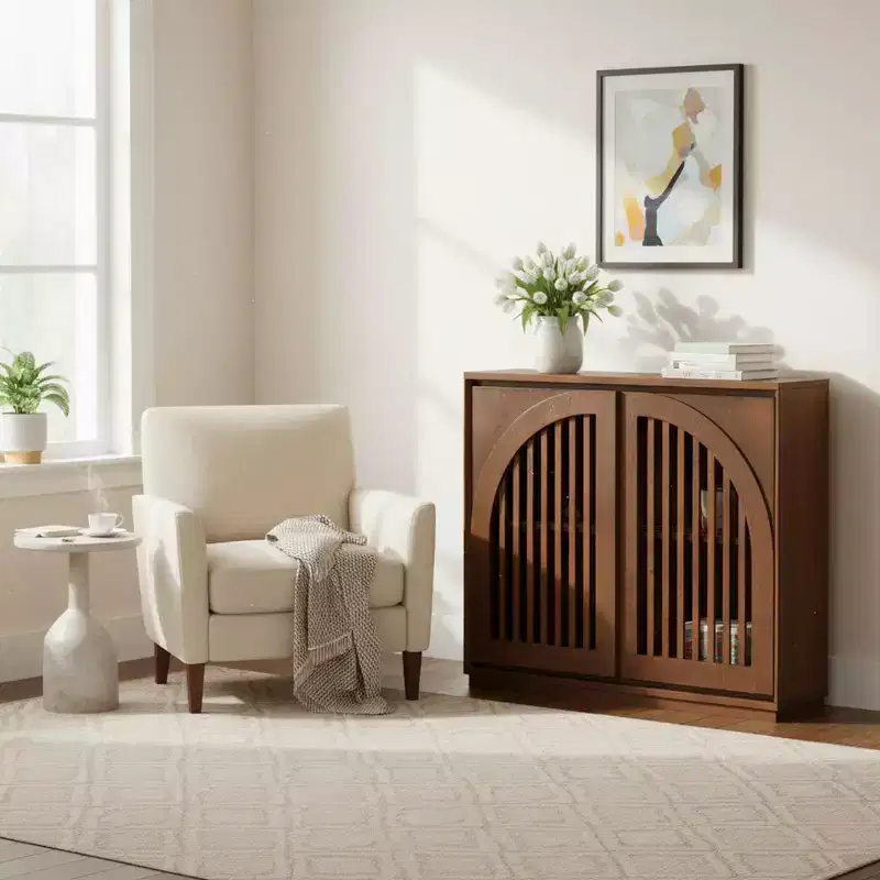 Solid Wood & MDF Storage Cabinet with Dual Slatted Doors for Entryway, Living Room Brown