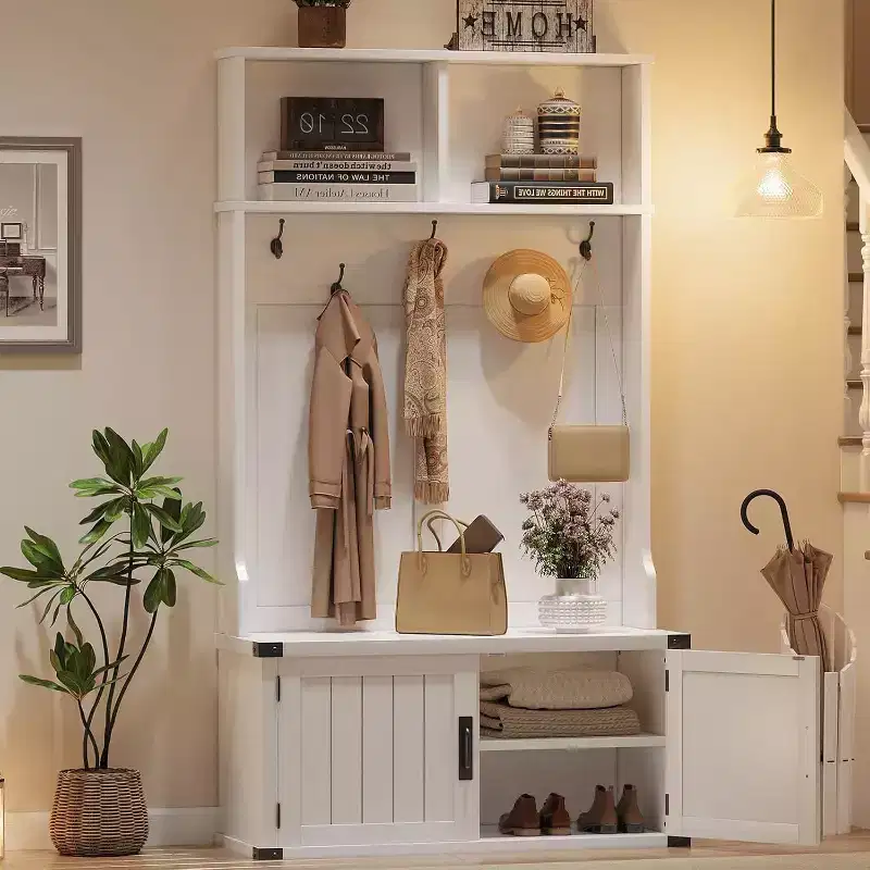 76 Hall Tree with Bench, Shoe Storage, Coat Rack & 5 Hooks, Adjustable Shelf, Entryway Organizer, White, Space Saving
