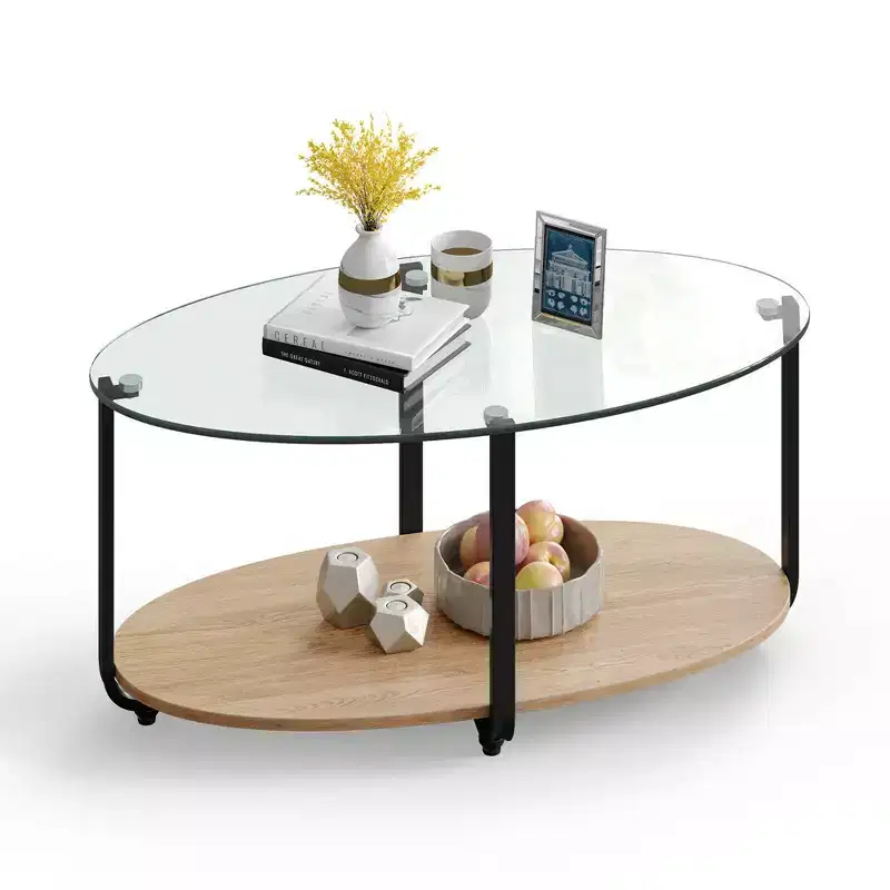 Glass-Top Coffee Table 2-Tier Modern Oval Side Sofa Table w/ Storage Shelf