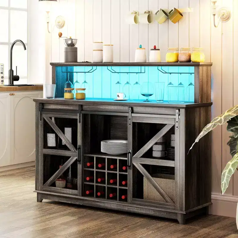 Farmhouse Coffee Bar Cabinet with LED Lights and Sliding Barn Doors, 55
