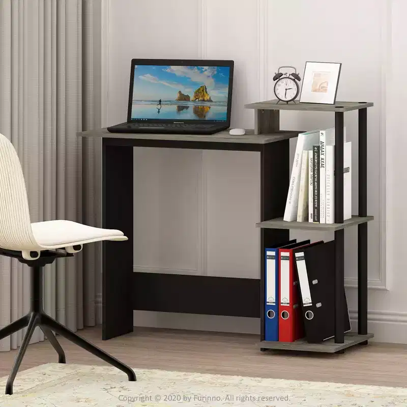 Modern Computer Desk Home Office Writing Study Laptop Table Workstation with CPU Stand & Open Storage Bookshelf, Oak Grey/Black