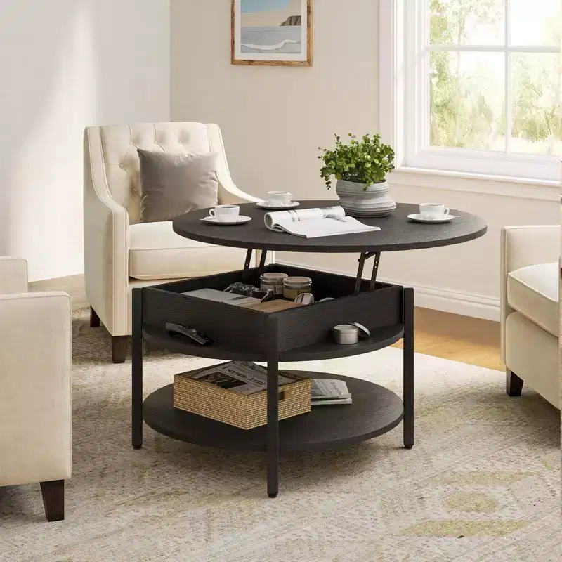 Hausource Lift Top Coffee Table w/ Hidden Compartment and Storage Shelves