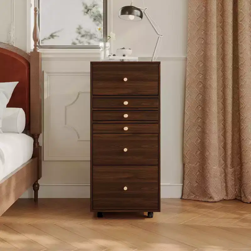 Walnut Rolling Vanity Dresser LED Mirror + Multi-Layer Storage + Foldable Worktop
