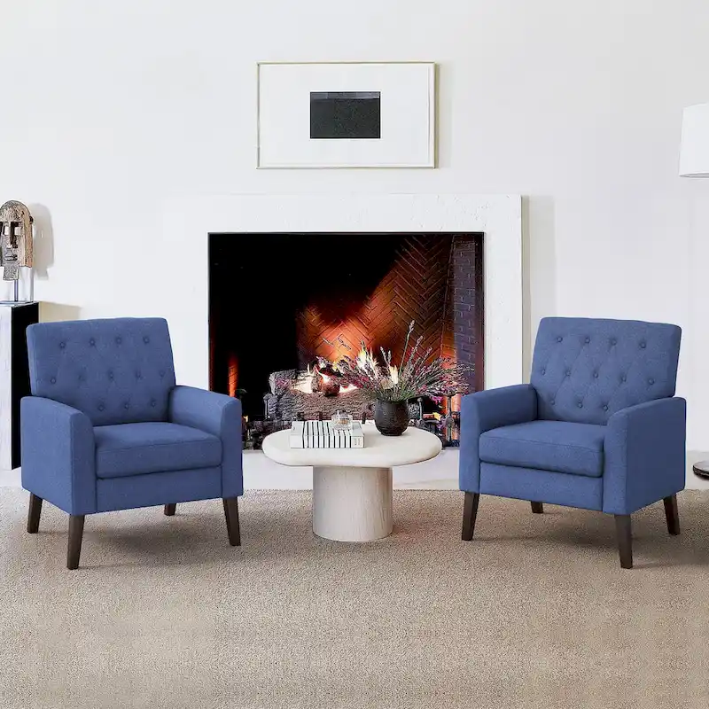 LUE BONA Linen and Walnut Legs Mid Century Modern Button Tufted Accent Chair (Set of 2) - 33.86 H X 27.95 W X 29.53 D