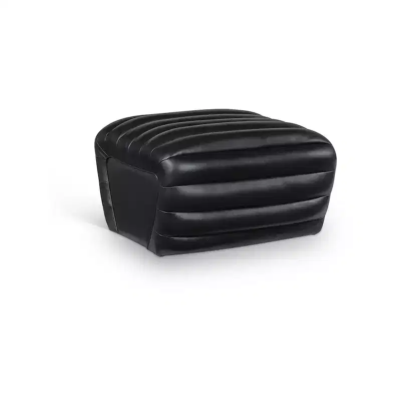Black Vegan Leather Ottoman with Deep Channel Tufting