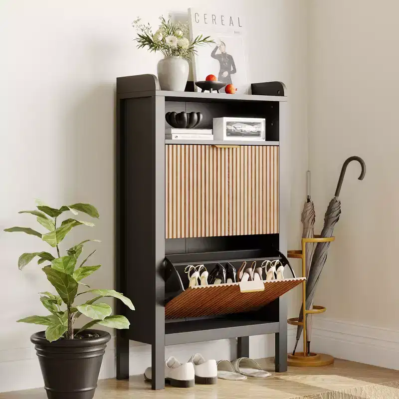 Narrow Shoe Storage Cabinet Organizer Shoe Storage Cabinet with 2 Flip Drawers and wooden Legs, Freestanding Shoe Storage for Entryway Hallway