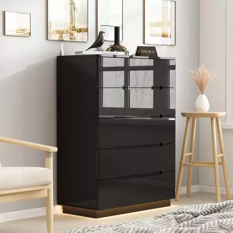 High Gloss 5-Drawer Dresser with LED Underlight and Concealed Handles - MDF, 32