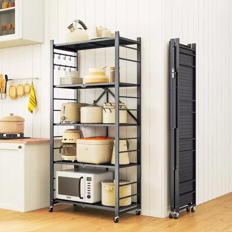 Foldable Metal Storage Shelves 4 or 5 Tier with Hooks and Wheels