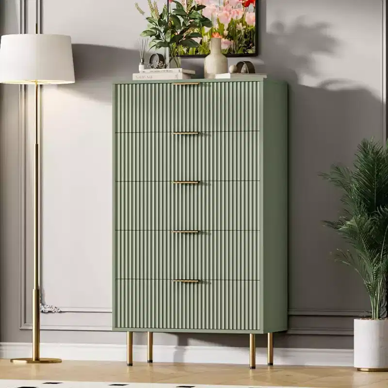 5 Drawer Dresser, Tall Modern Chest with Fluted Panels & Wide Gold Handles, Bedroom Storage Organizer for Closet, Living Room, Entryway