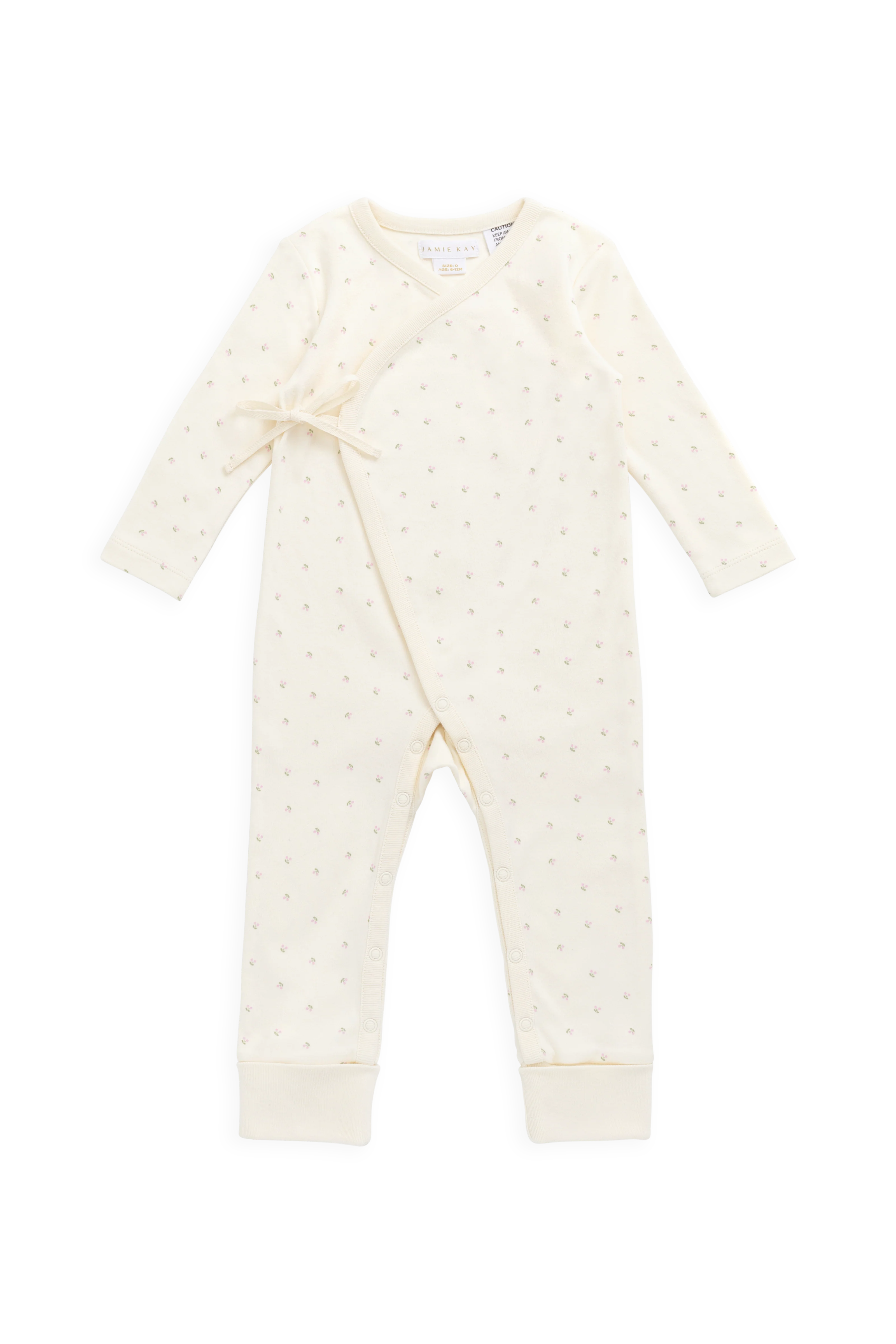 Delicate Cream Cherry-Print 100% Organic Cotton Wrap Onepiece with Side Snap Closure for Easy Changing NB–2Y