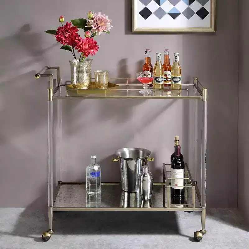 Acme Furniture Cirro Bar Serving Cart Antique Mirror/Wire Brass