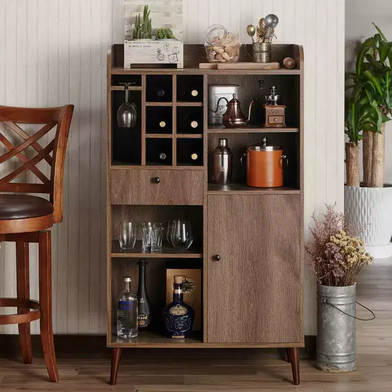 Distressed Walnut Mid-Century Freestanding Wine & Bar Cabinet