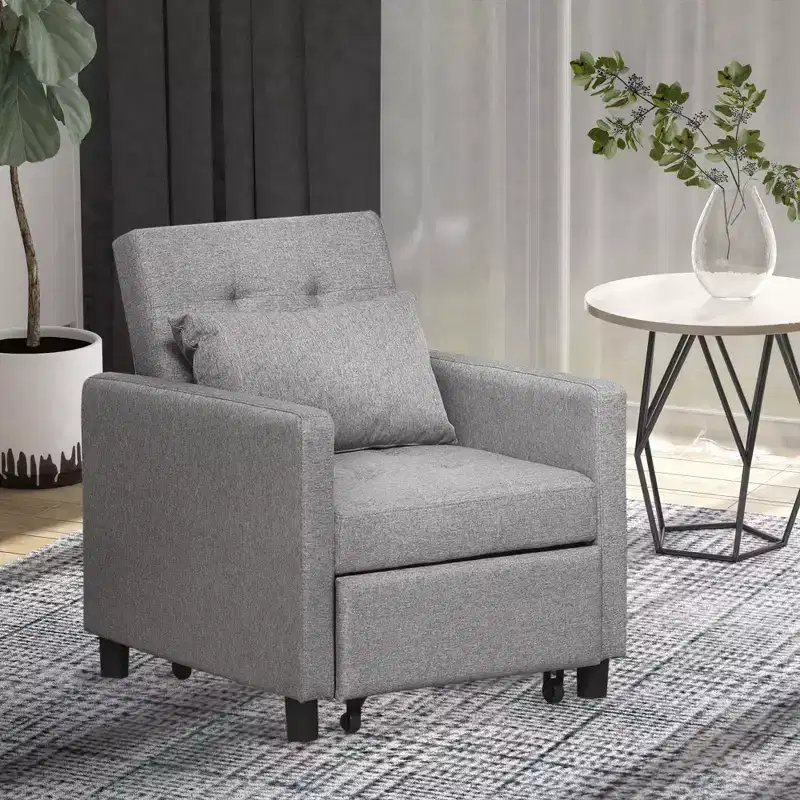 Convertible Sofa Lounger Chair Bed, Multi-Functional Sleeper Recliner with Tufted Upholstered Fabric, Adjustable Angle Backrest, Pillow, Gray