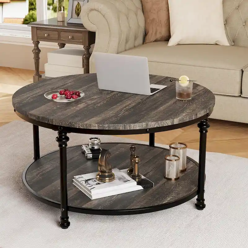 Round Coffee Table with 2-Tier Shelf, 30.31