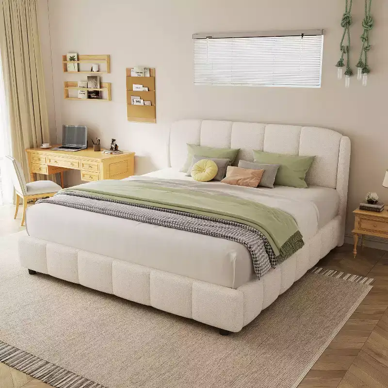 Queen/King Size Upholstered Platform Bed Frame with Soft Headboard, Curve-Shaped, Beige - ModernLuxe