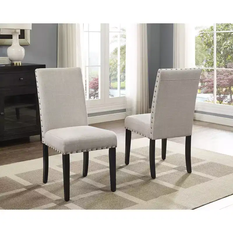Roundhill Furniture Biony Fabric Dining Chairs with Nailhead Trim, Tan, Set of 2