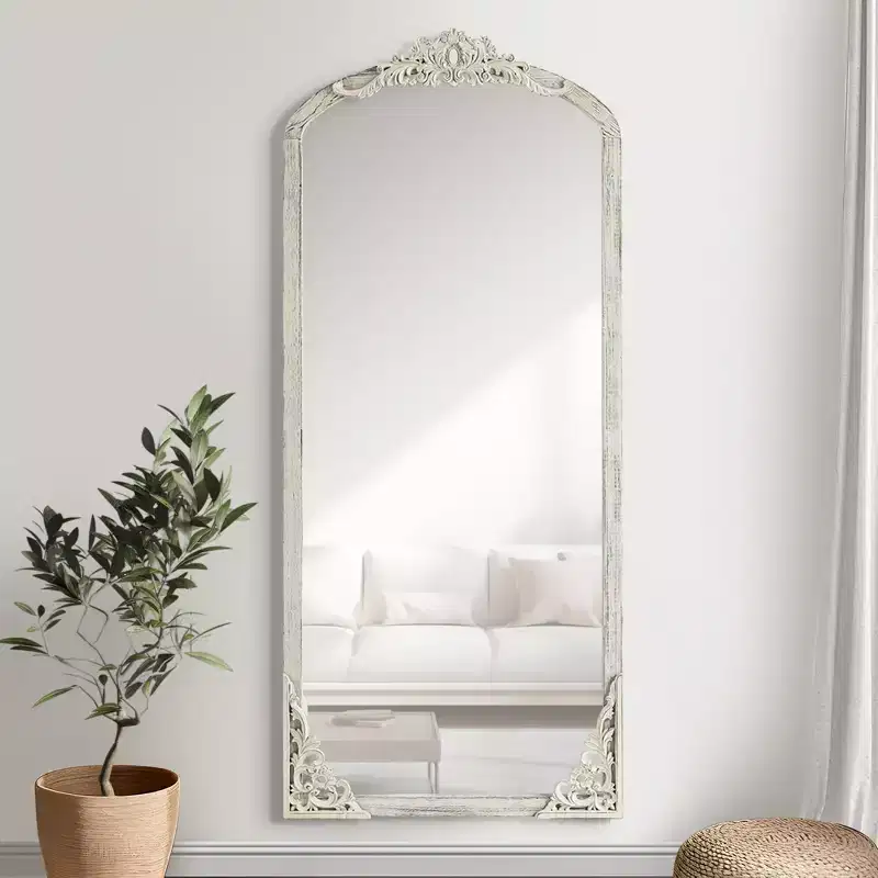 28 in. W x 67 in. H Rustic Arched Solid Wood Framed DIY Carved Full Length Mirror in Weathered White