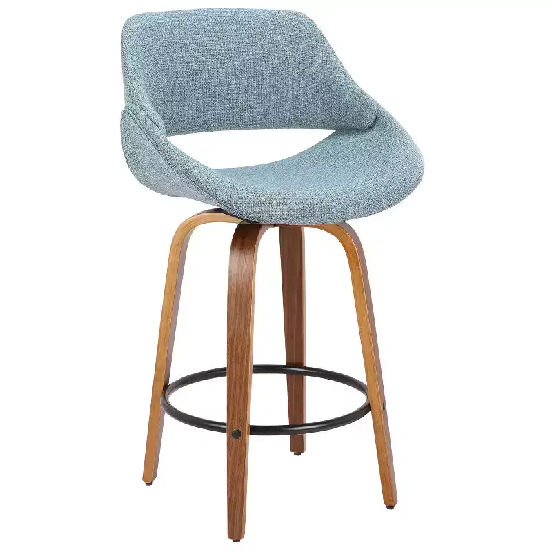 LumiSource Set of 2 Fabrico Mid Century Modern Counter Height Barstool Walnut/Blue:: Swivel, Polyester Upholstery, Wood Legs