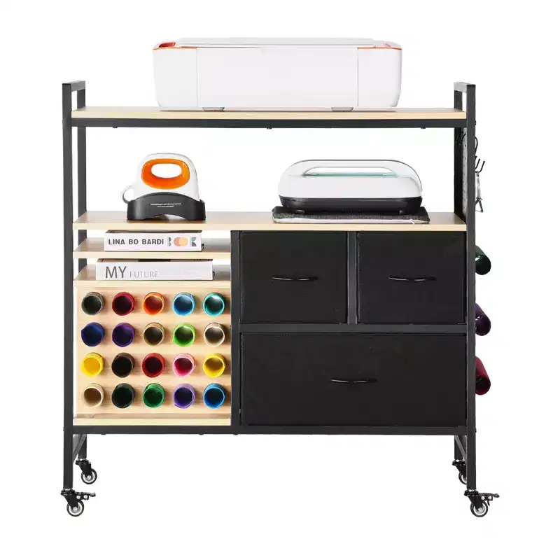 Rolling Craft Cart and Storage Table, Compatible with Cricut Machines, Crafting Table Organization Workstation, Black
