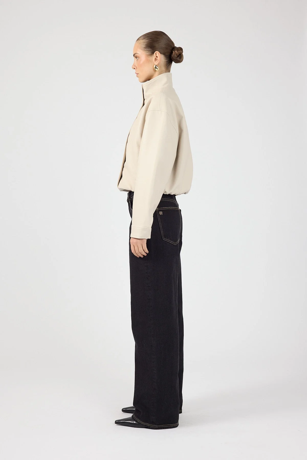 Funnel Neck Faux Leather Bomber Jacket Stone