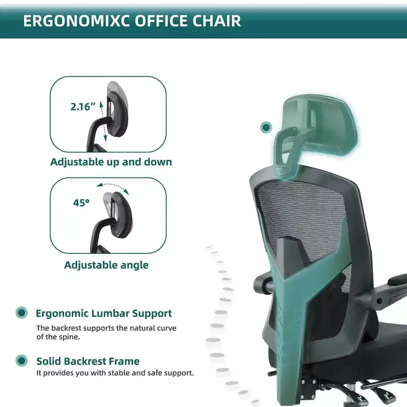 Ergonomic Office Chair with Retractable Footrest, Lumbar Support & Padded Armrests, Swivel