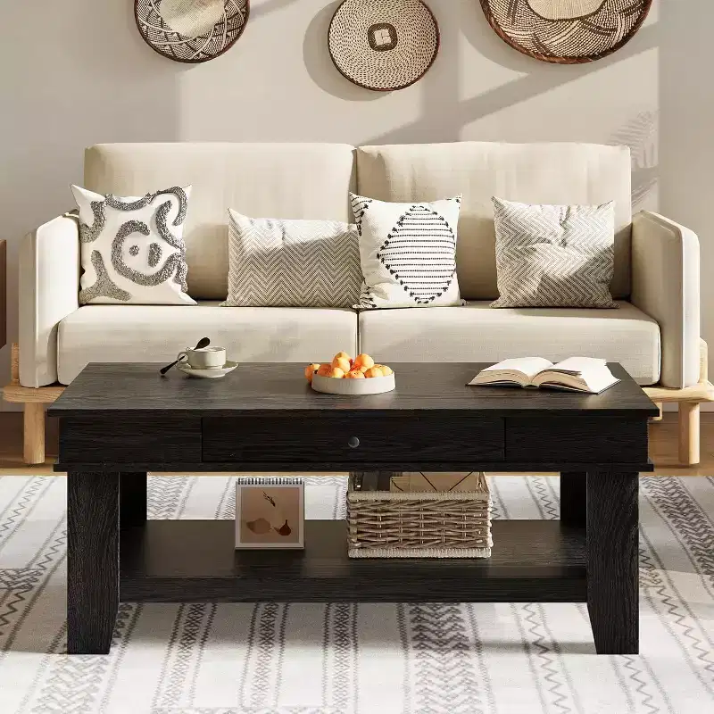 Rustic Rectangular Coffee Table - Living Room Center Table with Drawer & Open Shelf, Stable 4-Leg Structure, Heavy Duty Storage Design