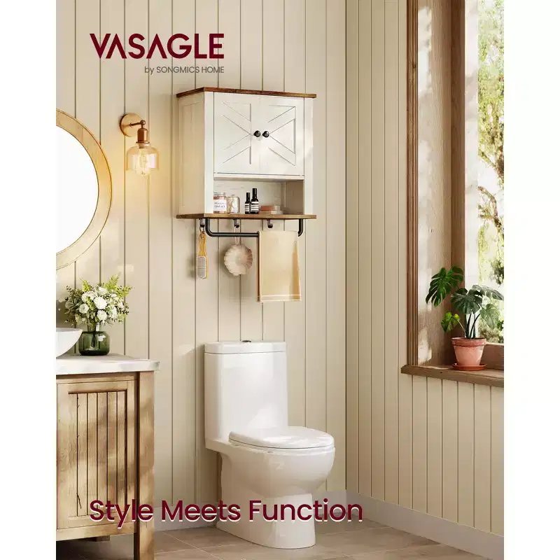 Wall-Mounted Storage Cabinet with Sliding Doors, Adjustable Shelf and Towel Bar, Rustic White