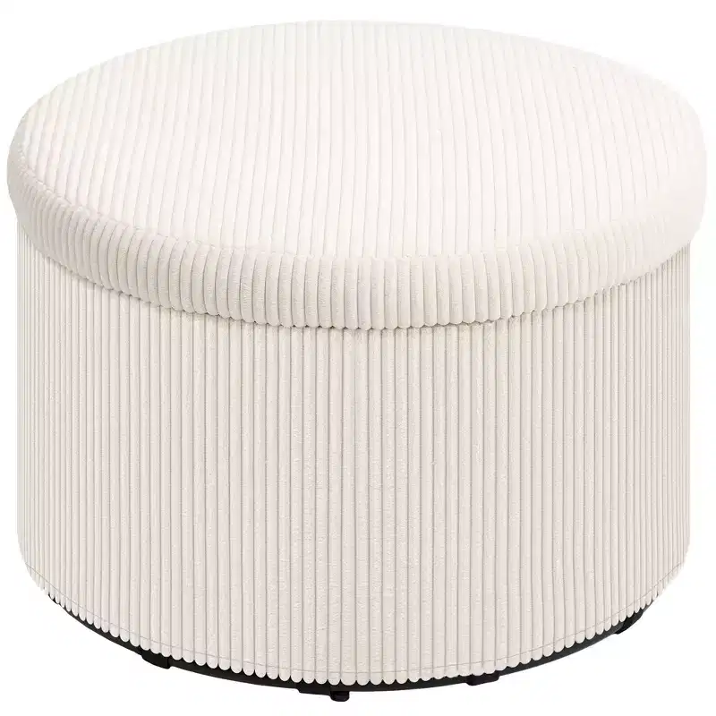 24 Inches Round Storage Ottoman Stool with Lid, Upholstered Corduroy Foot Rest for Living Room, Bedroom