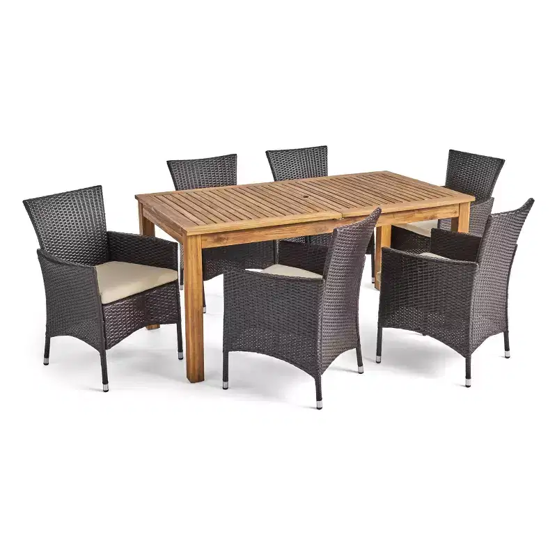 Nadia 7pc Wood & Wicker Expandable Patio Dining Set - Natural/Brown/Beige - Christopher Knight Home: Includes 6 Chairs, Removable Cushions