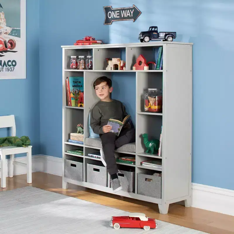 Martha Stewart Kids' Storage Shelf: Wooden Bedroom Bookshelf and Toy Organizer with Reading Bench and Fabric Storage Bins