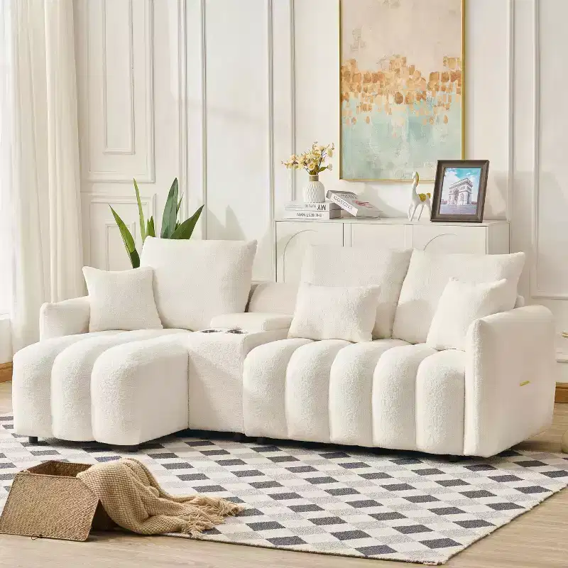 92-inch high-quality corner sofa with a central console coffee table, suitable for living room/apartment, white.