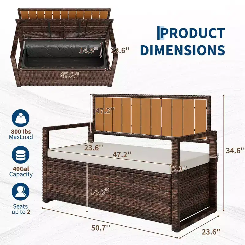2-Person Outdoor Storage Bench with Cushion  Waterproof PE Rattan Deck Box  Backrest & Armrests  Metal Frame for Garden, Balcony, Porch, Pool