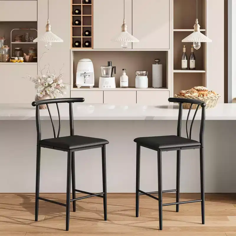 Counter Height Bar Stools Set of 2, Faux Leather Kitchen Counter Stools with Footrest & Metal Legs, Upholstered Armless Stool for Kitchen Island