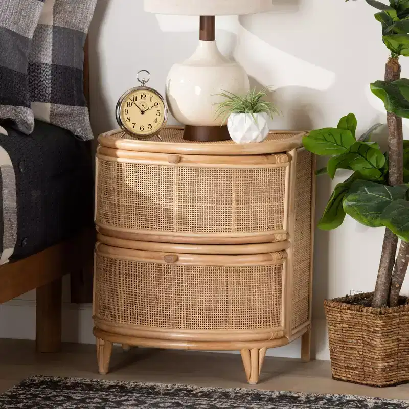bali & pari Oleta Modern Bohemian Natural Brown Rattan 2-Drawer Nightstand