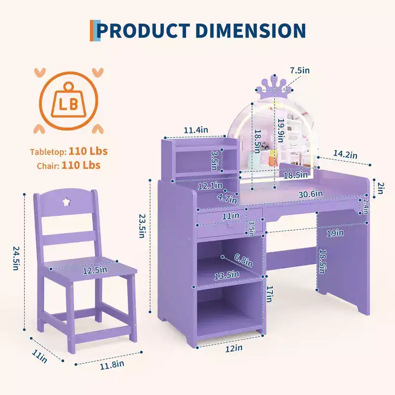 Childrens Lighted Dressing Table Set with Mirror, Kids Vanity Desk with 3 Drawers, Open Shelves & Spacious Tabletop for Bedroom/Playroom, Purple