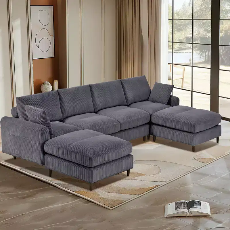 PexFix 6-Seat Modern Corduroy Modular Sectional Sofa U-Shaped Convertible L-Shaped Design with Ottoman and Pillows for Living Room Office Gray