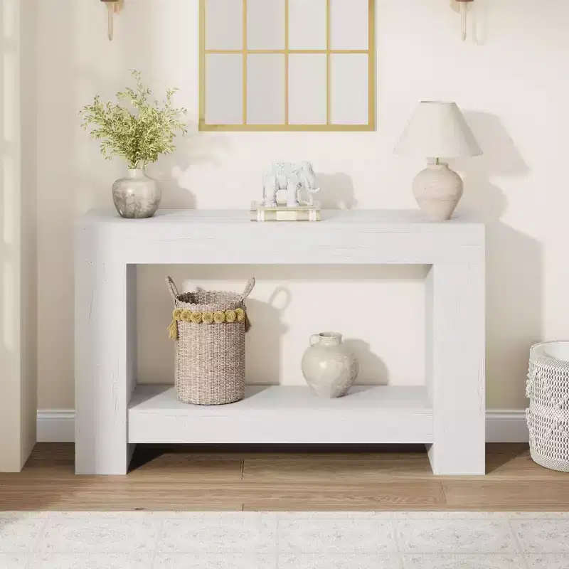 Farmhouse Console Table with Solid Base, 47 2-Tier Sofa Table for Entryway or Living Room, Rustic Wood Grain Accent Table - White