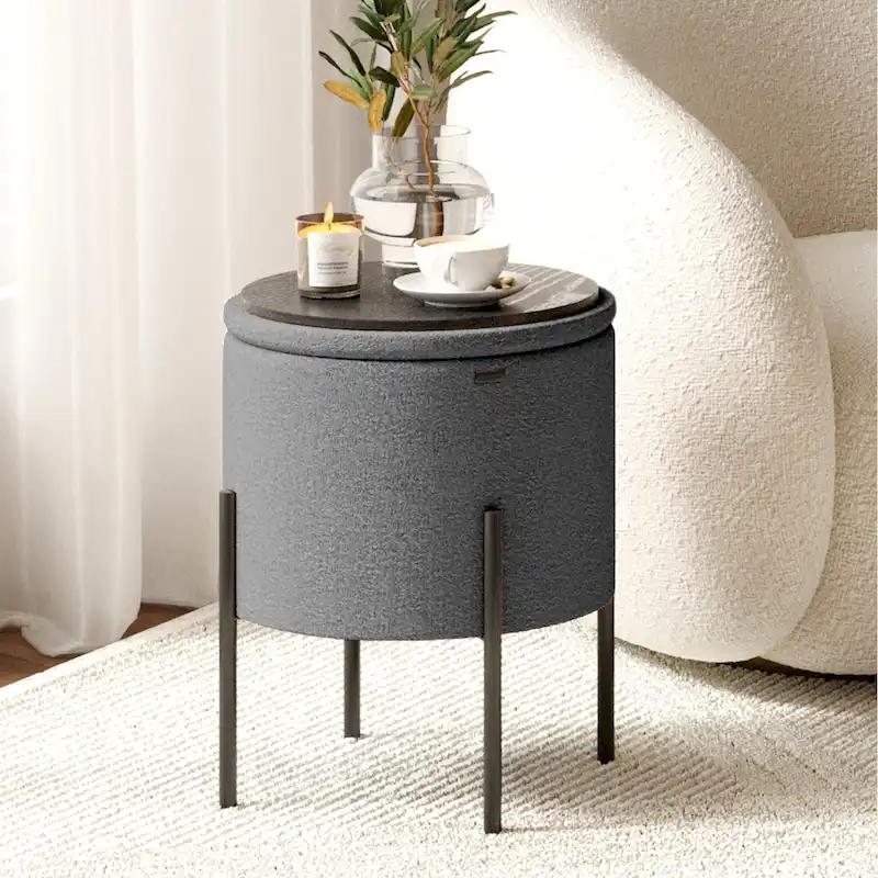 Round Boucle Storage Ottoman with Dual-Sided Lid, Iron Legs, 330 lbs Capacity, 17H x 13D in