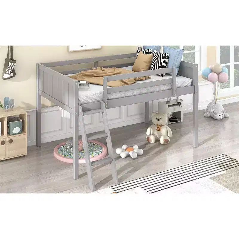 Okak Twin/Full Size Solid Wood Bunk Bed Low Loft Bunk Bed with Convertible Ladder Left/Right & Safety Guardrail for Kids Teens, Easy Assemble