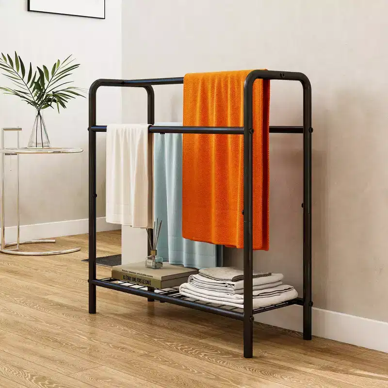 VIYET 30 3-Tier Metal Towel Rack, Freestanding Black Storage Holder (Bathroom/Bedroom/Pool Display Organizer)