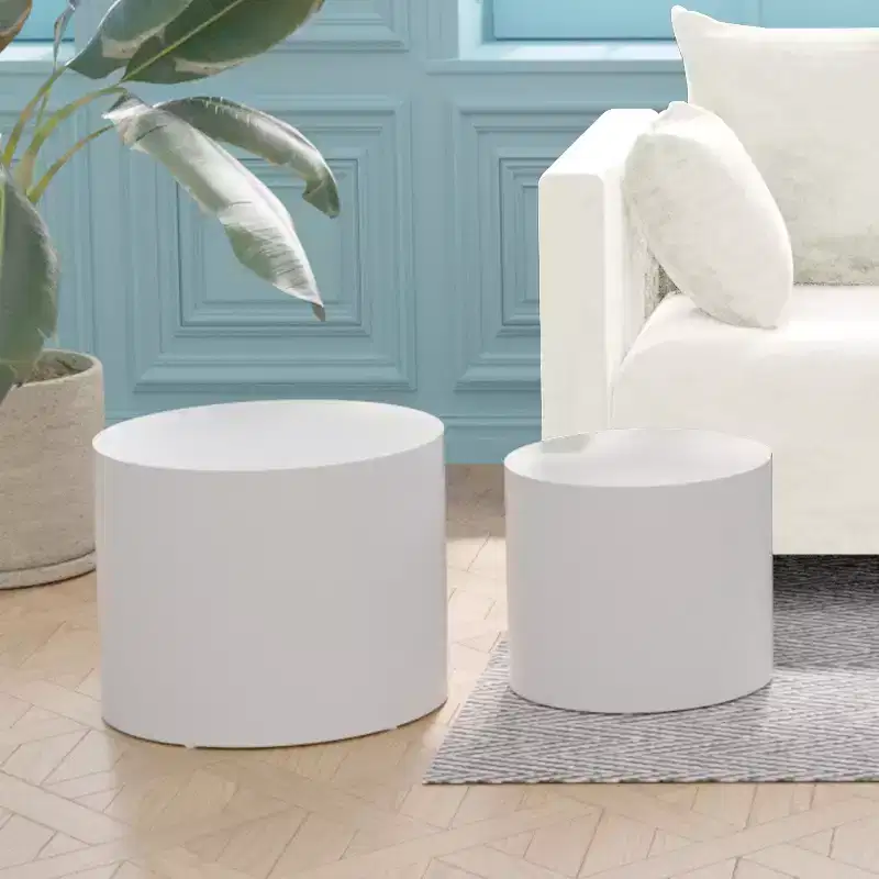 Cylinder Wood Grain Nesting Side Table Set of 2 – Cream White / Matte Black / Oak / Walnut / White