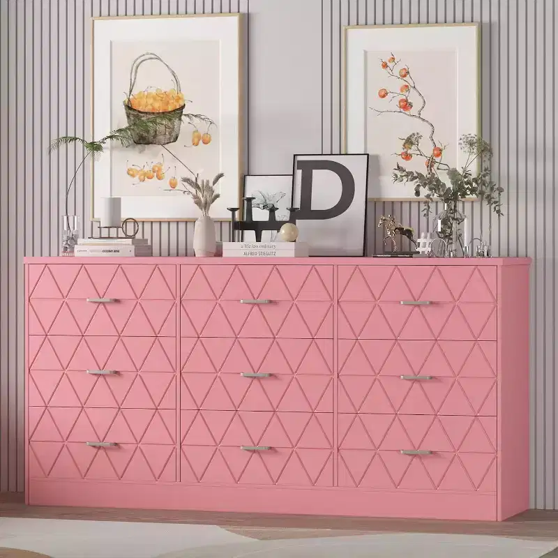 9 Drawer Dresser, 63 Pink Dresser with Power Outlet & USB Ports, Modern Storage Chest for Bedroom, Living Room, Hallway