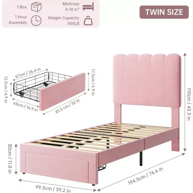 Twin Platform Bed Frame with Storage Drawer and Upholstered Headboard, Strong Wooden Slats, Noise-Free, Easy Assembly