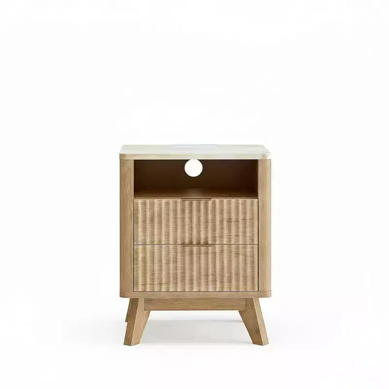Compact 18 Modern Nightstand with Faux Marble Top, Curved Edge Side Table with 2 Drawers and Open Storage for Bedroom or Living Room