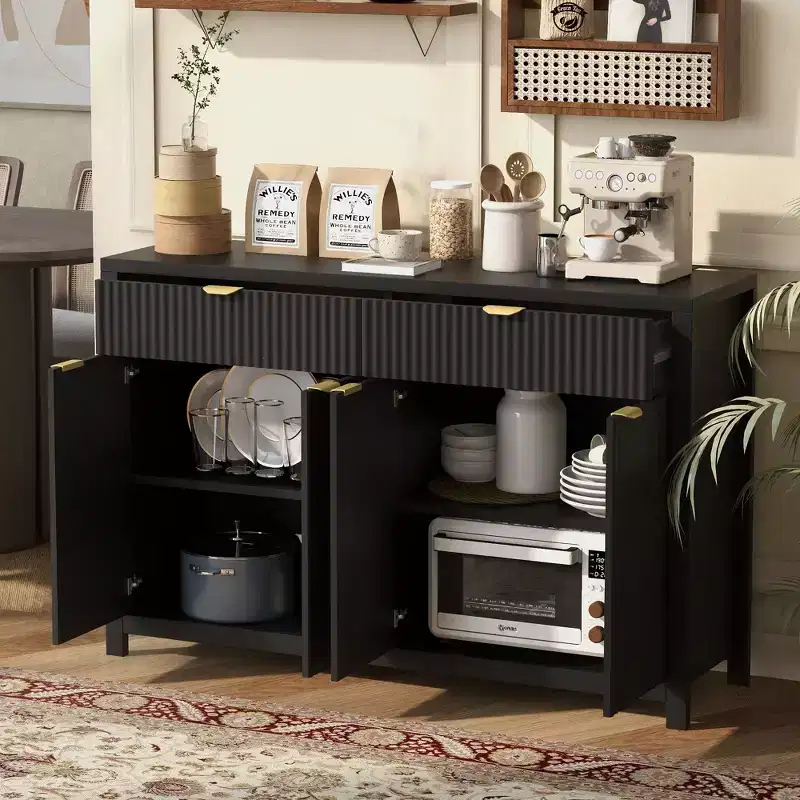Modern Wave-Pattern Sideboard Cabinet with 2 Drawers and 4 Doors 3-Level Adjustable Shelves
