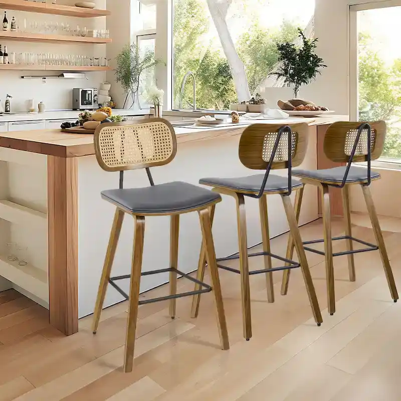 26-inch Wood Counter Height Bar Stools with Rattan Back