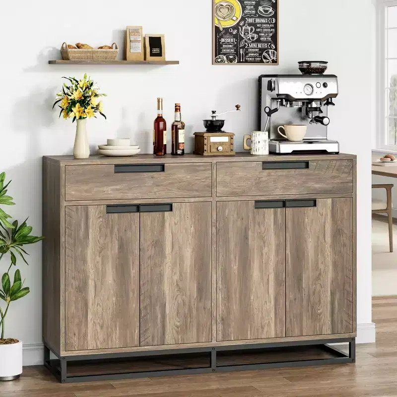 55 Sideboard Credenza  Modern Buffet Storage Cabinet with 4 Doors & Metal Base, Adjustable Shelves  Accent Coffee Bar Table for Dining Room